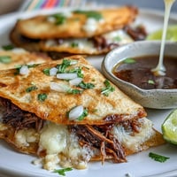 Crispy quesadillas stuffed with tender birria beef and melty cheese, served with a rich, spicy consommé dip for Cinco de Mayo.