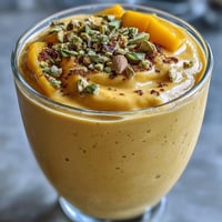 Creamy Mango Lassi Smoothie with cardamom, a refreshing Indian drink.