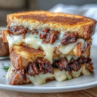 Golden brown short rib grilled cheese sandwich, oozing melted cheddar and juicy braised beef.