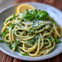 Vibrant lemon pesto pasta dish, bright green basil, ready to serve.
