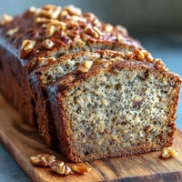 Moist black sesame banana bread topped with nutty seeds, ready for slicing.