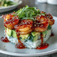 Vibrant layers of spicy shrimp sushi stack with creamy avocado and crisp cucumber.