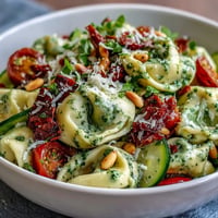Vibrant Creamy Pesto Tortellini Picnic Salad loaded with fresh veggies, perfect for summer.