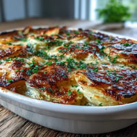 Golden Garlic Herb Cabbage Potato Gratin topped with melted cheese.