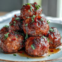 Juicy hot honey peach meatballs glistening in a sweet and spicy glaze.