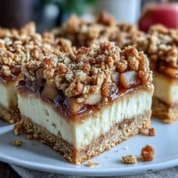 Brown Butter Apple Crisp Cheesecake Bars with golden oat topping, baked to perfection.